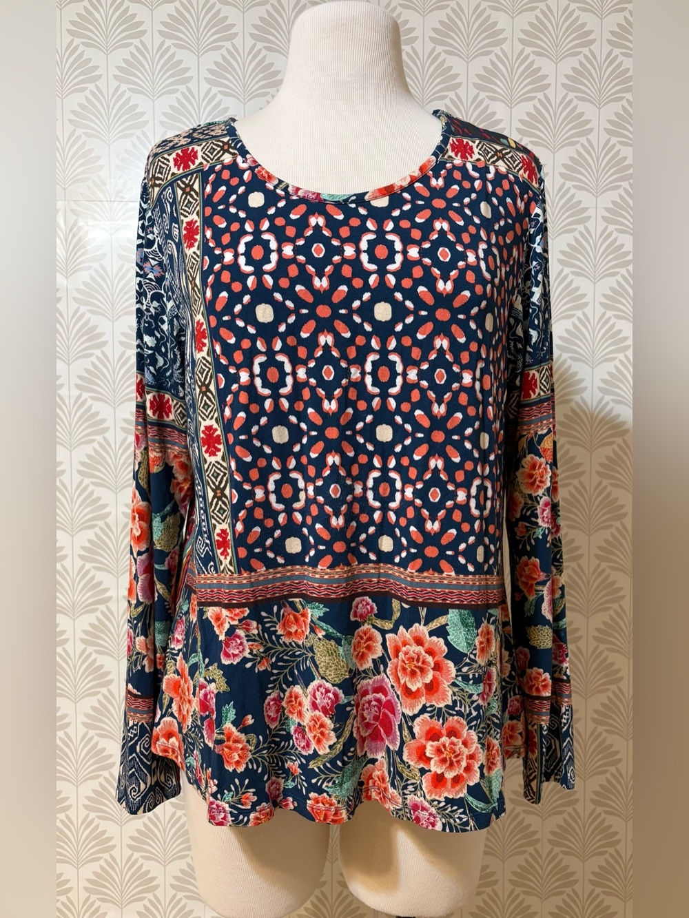 Johnny Was Navy Long-Sleeve Floral & Geo Print Top